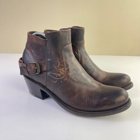 JB Dillon Brown Leather Buckle Zip Up Block Heel Ankle Boots Western Size 9B - Picture 2 of 14